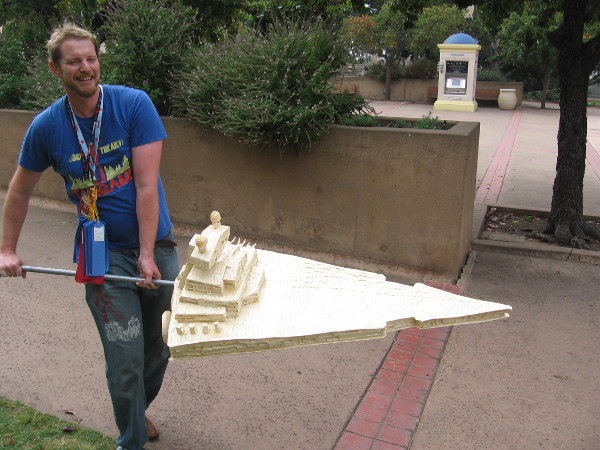 This guy was flying what appeared to be a huge model of a Star Wars Imperial Star Destroyer down Balboa Park's El Prado!
