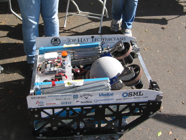 This cool robot was created by high school students, namely High Tech High's Top Hat Technicians. It competed in an event where a ball had to be shot at a goal.
