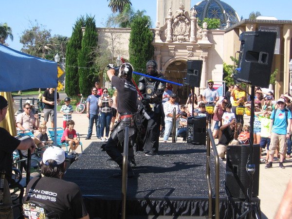 Back in Balboa Park's central Plaza de Panama, the San Diego Sabers engaged in a fast-paced lightsaber battle!