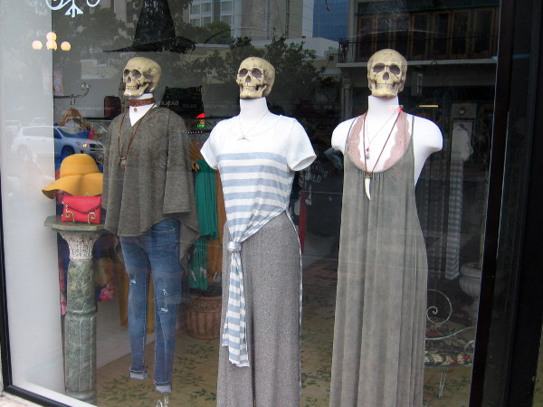 Scary skulls on mannequins in a Gaslamp shop window. Halloween must be approaching!