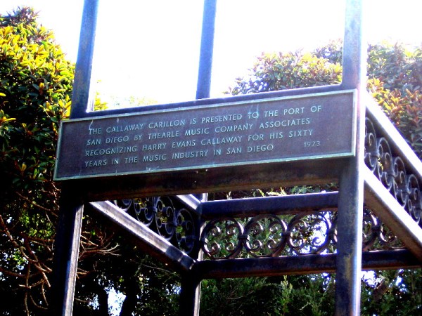 Plaque near base of the electronic bell tower. The Callaway Carillon is presented to the Port of San Diego by Thearle Music Company Associates . . . 1973