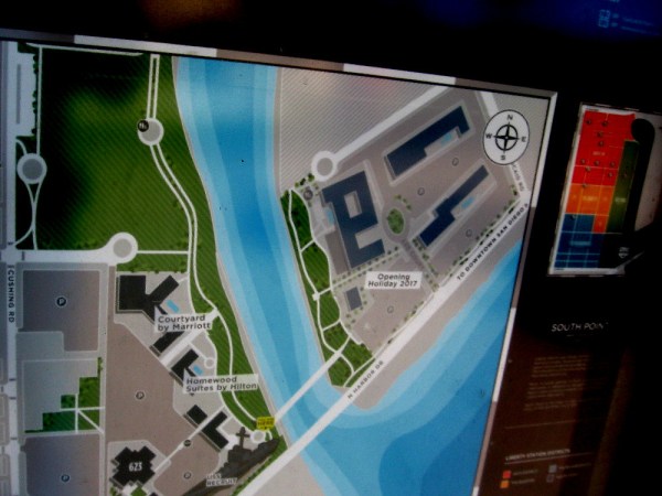 A dusty sign at Liberty Station shows the narrow new esplanade. I had to alter the photo to make out details. The three dark forms in the upper right corner, I believe, will be new hotels.