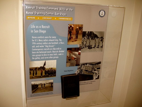 Home comforts were far away for U.S. Navy sailors aboard ship. Another display shows sailors training in San Diego.
