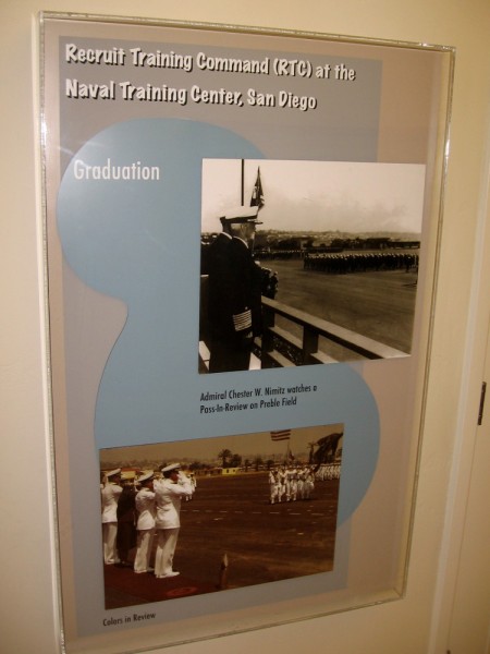 Graduation at Naval Training Center San Diego. One photo shows Admiral Nimitz watching a Pass-In-Review at Preble Field.