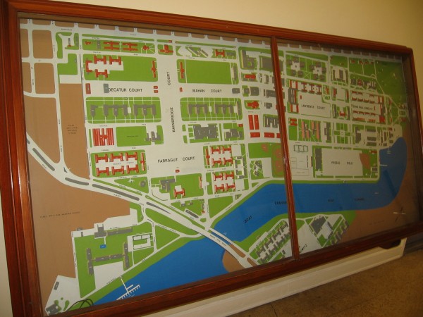 A large map of the old Naval Training Center San Diego, which today has been transformed into Liberty Station, which features shopping, parks, museums and more.