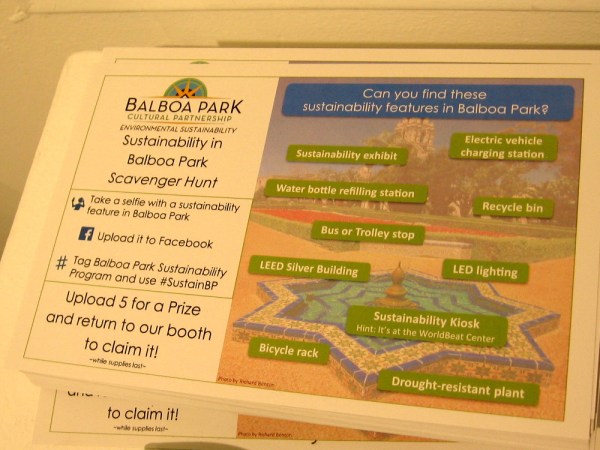 A scavenger hunt is described on this flyer. Upload 5 selfies to Facebook that include a Balboa Park sustainability feature and claim a great prize!