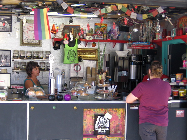 The Meshuggah Shack offers coffee, tea, oddities, smoothies, noshes, and other fun stuff.