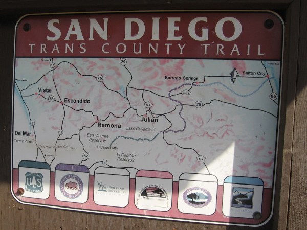 Sign shows proposed San Diego Trans County Trail, which when completed would run from the Pacific Ocean over the mountains east of San Diego and out to the Salton Sea in the desert.