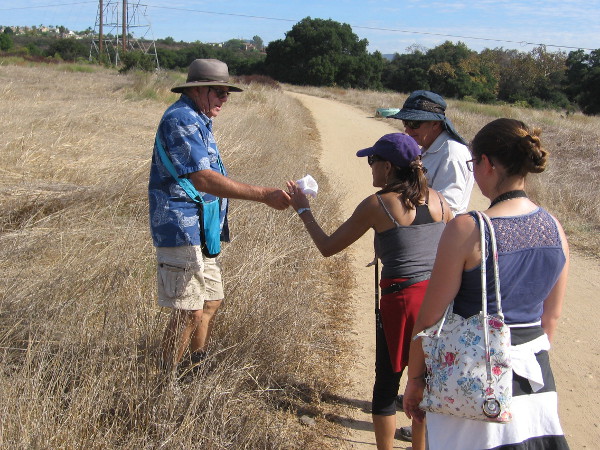 Naturalist Mike Kelly shows us a poisonous flower of Datura. In nature, beauty and danger are often found together. We didn't see any rattlesnakes or mountain lions!