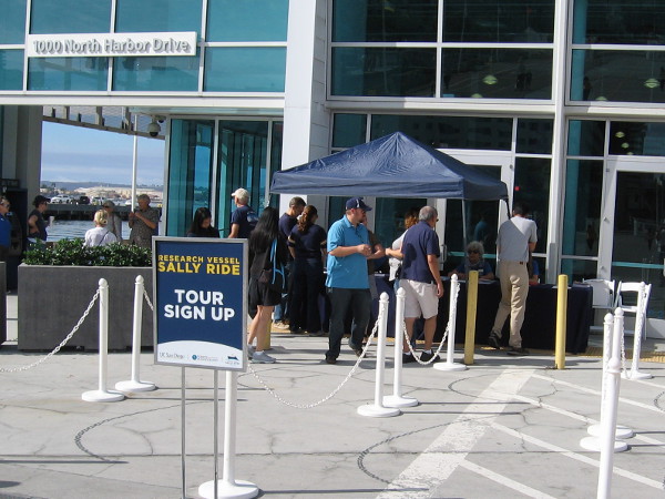 The free public tours of RV Sally Ride drew a good crowd on a Sunday in October, 2016. These people smartly arrived an hour early to reserve a time slot.