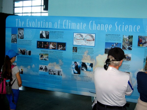 A large display goes over the history of The Evolution of Climate Change Science. UCSD scientists have made important contributions in this field.