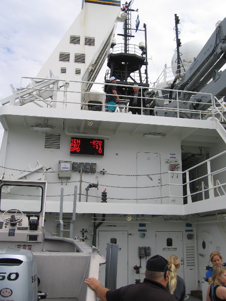 Looking forward and up, we see several levels to the ship. If I understand correctly, the electronic display indicates a cable's tension, payout and speed.