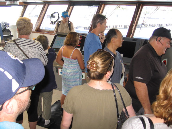 The high tech pilot house, or bridge, attracted a big crowd of curious visitors!