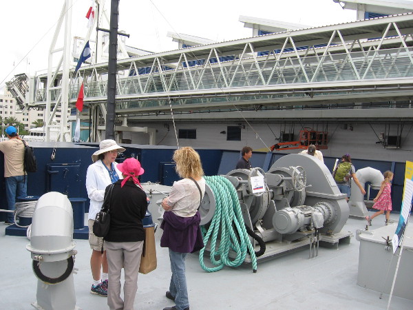 We've arrived at the ship's bow, just below the pilot house, where we find the anchoring station. The big windlass mechanism lowers and raises an anchor.