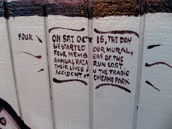 On Saturday, October 16, the day we started our mural, four members of the annual Raza Run lost their lives in the tragic accident at Chicano Park.