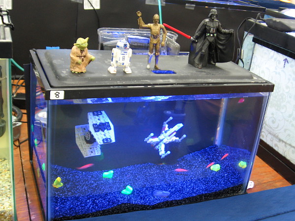 Star Wars characters stand atop an aquarium from a galaxy far, far away. The space-like interior features a duel between a TIE fighter and X-Wing.