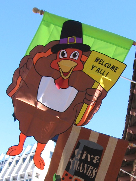 This happy turkey dressed like a Pilgrim has taken to the sky to welcome y'all!