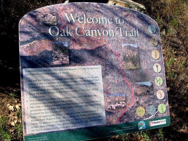 Sign at one end of the Oak Canyon Trail, near the Old Mission Dam.