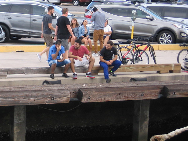 People enjoy a late afternoon laugh while sitting above the water on the Embarcadero.