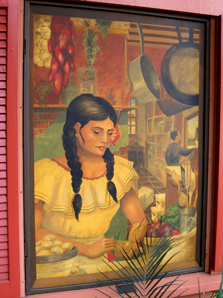 Window mural painted by San Diego artist Joel Sharp in 1996. You can find it in Seaport Village at Margaritas Kitchen and Cantina.