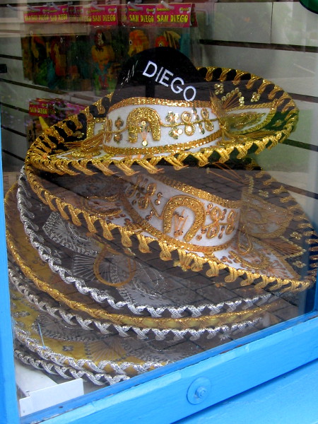 Tourists might take home a glittery San Diego sombrero once they glimpse these in the window of Mexican Fiesta.