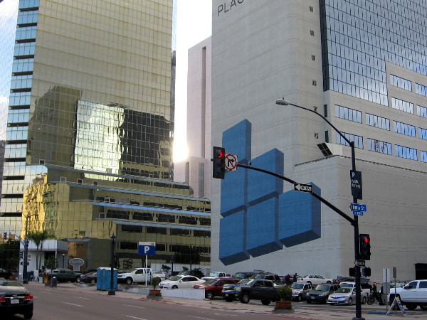 Six blue squares on the north side of the Columbia Place building.