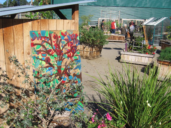 People check out many planters full of vegetables and flowers at the new SMARTS Farm in East Village.