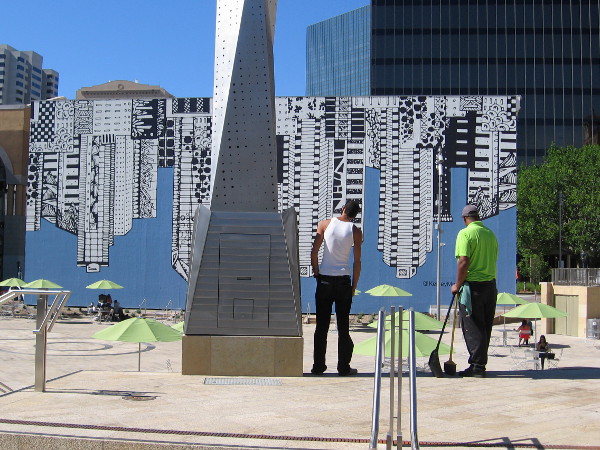 Working and chatting at Horton Plaza Park.