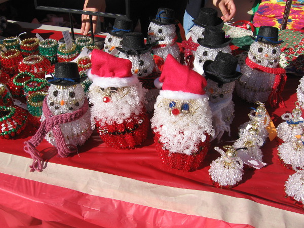 These fun but sadly inanimate Santas are made of beads!