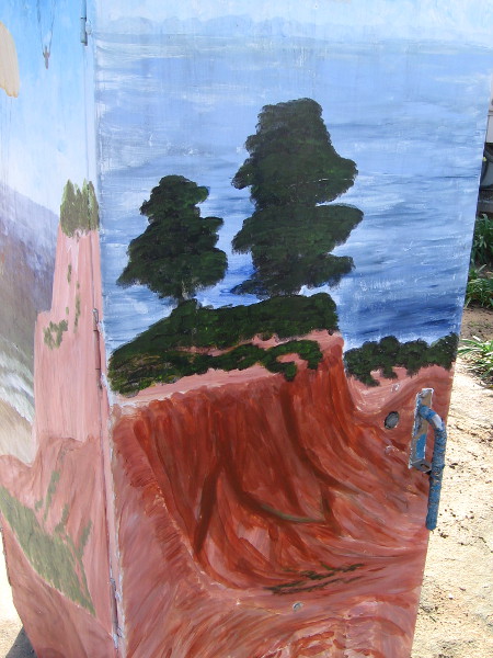 The fourth side of the box shows the natural beauty along the coast of La Jolla. Pine trees rise atop eroded sandstone cliffs.