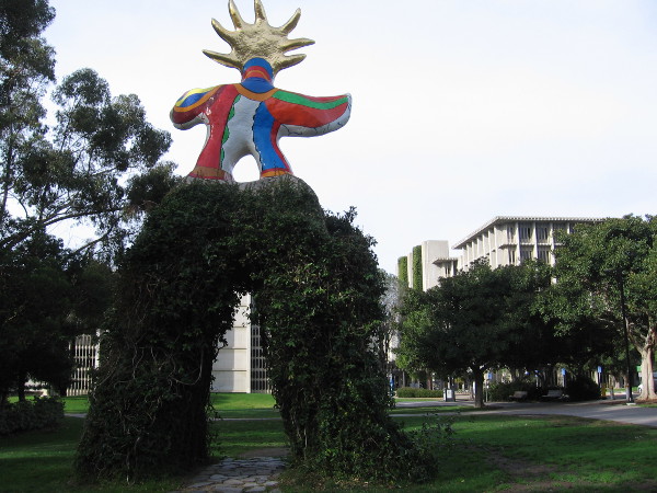 Sun God faces Muir College classrooms, where science is taught. UCSD is one of the top public universities in the United States.