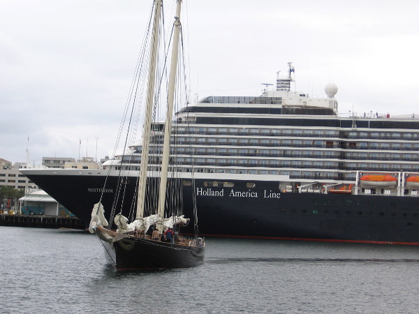 Tall ship America, owned by Next Level Sailing, turns about in San Diego Bay as it comes in to dock at the Maritime Museum.