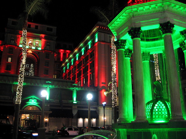 The Broadway Fountain and U.S. Grant Hotel put on a cheerful show of Christmas lights in San Diego.