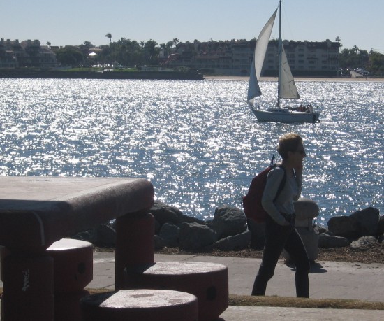 Picnic benches at Embarcadero Marina Park North offer views of sparkling San Diego Bay.