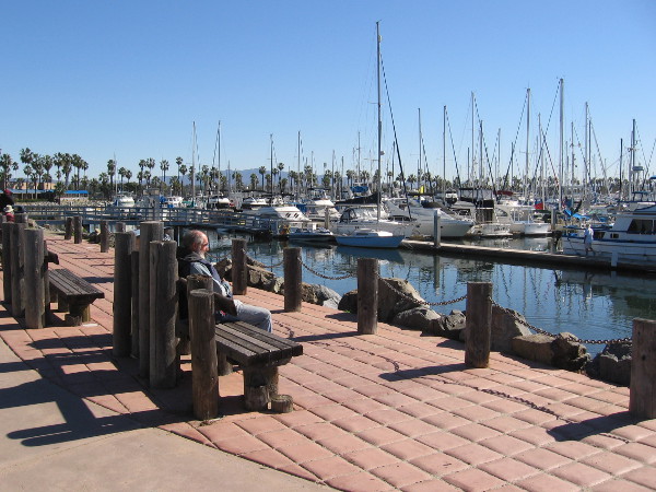 Just sitting on a bench at the Chula Vista Marina. Masts of sailboats touch the clear sky. Another sunny day by the water.