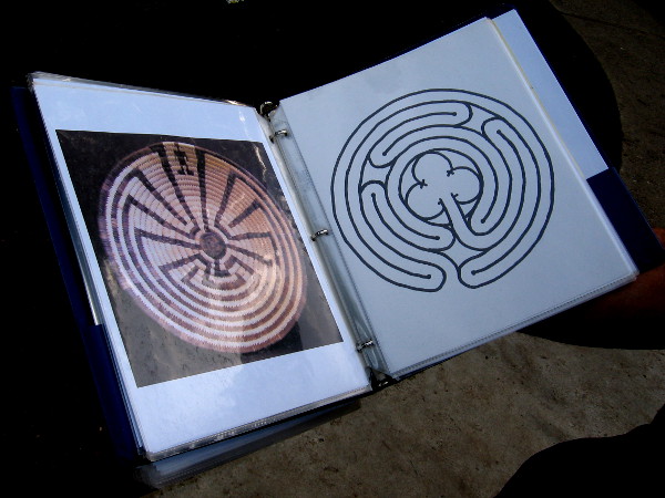 I'm shown a notebook. A Native American basket on the left depicts a radiating labyrinth. Labyrinths are one very ancient human expression, filled with spiritual meaning.