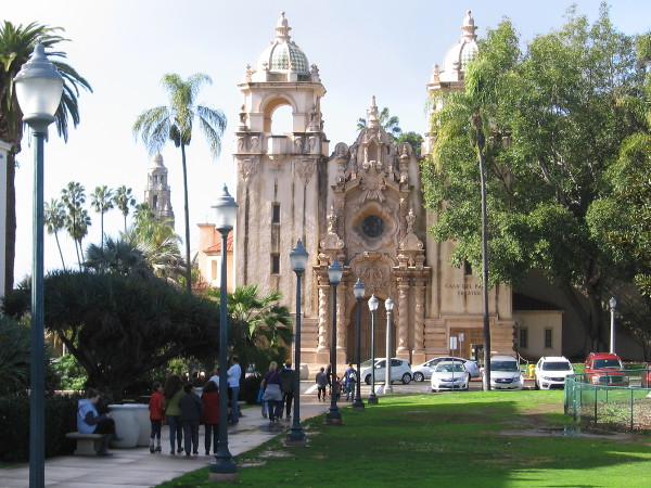 Walking toward the Casa del Prado, between the huge Moreton Bay Fig and the San Diego Natural History Museum.