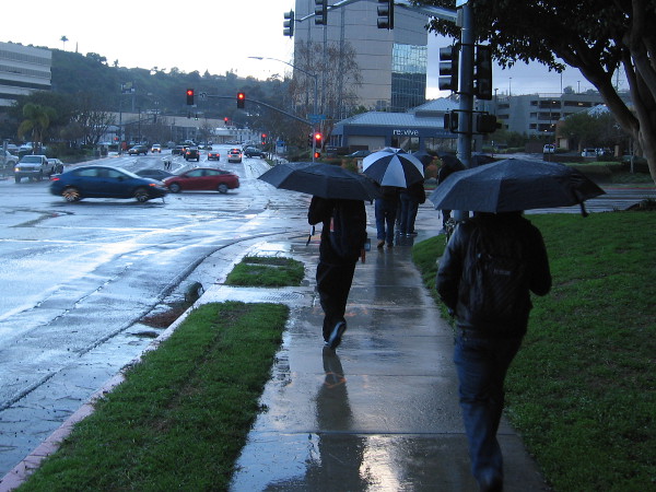 It's a rainy morning. San Diegans walk through Mission Valley to work and to school.