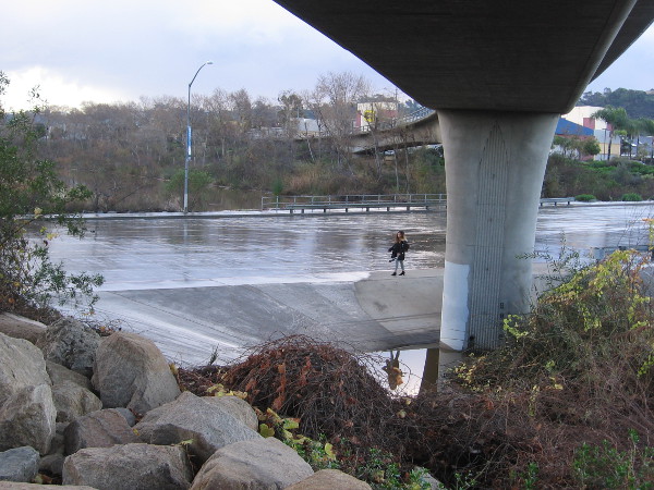 Walking along Mission Center Road in the rain by the San Diego River.