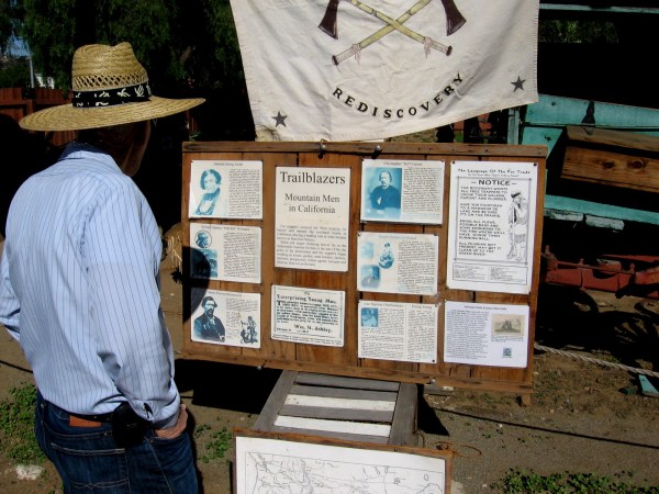 A sign tells about various Western trailblazers, including Jedediah Smith, Kit Carson and Jean Baptiste Charbonneau.
