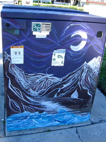 A painted Asian landscape of mountains rising from water.