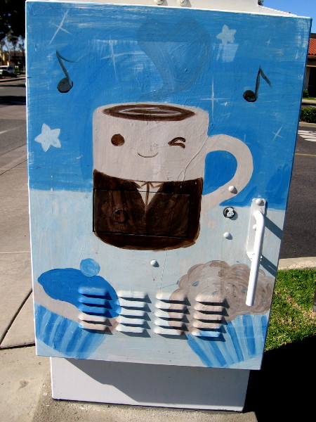 A happy mug of coffee gives a wink near muffins, beneath musical notes.