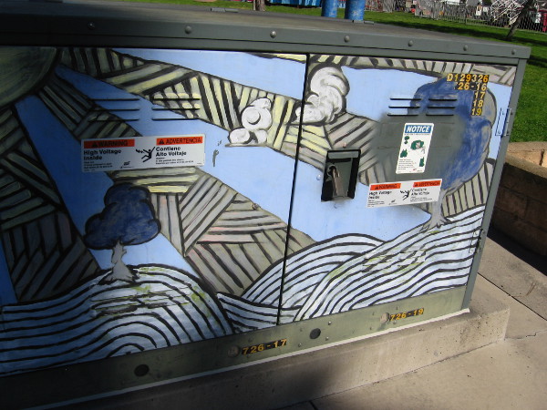 Abstract hills, trees and blue beams of sunshine.