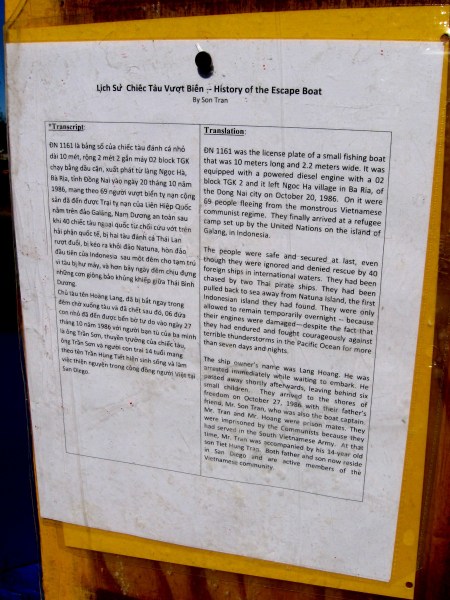 History of the Escape Boat. Fleeing brutal communism, the refugees arrived at a camp set up by the United Nations on the island of Galang, in Indonesia.