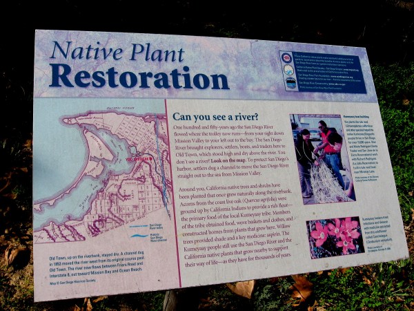150 years ago the San Diego River flowed nearby, bringing explorers, settlers, boats and traders to Old Town. California native trees and shrubs have been planted that once grew along the riverbank.