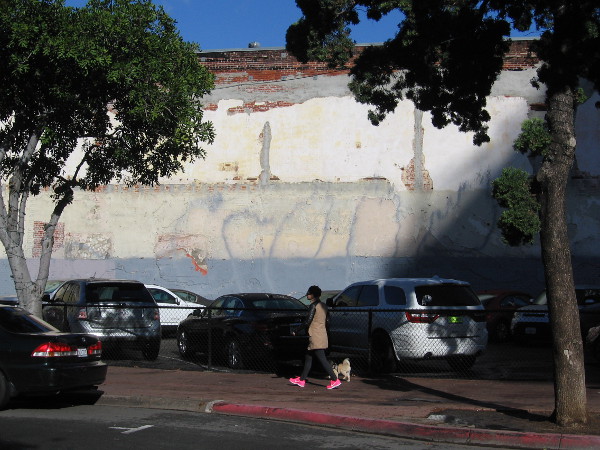 No mural on this wall. A lady in pink shoes walks her dog in downtown San Diego.