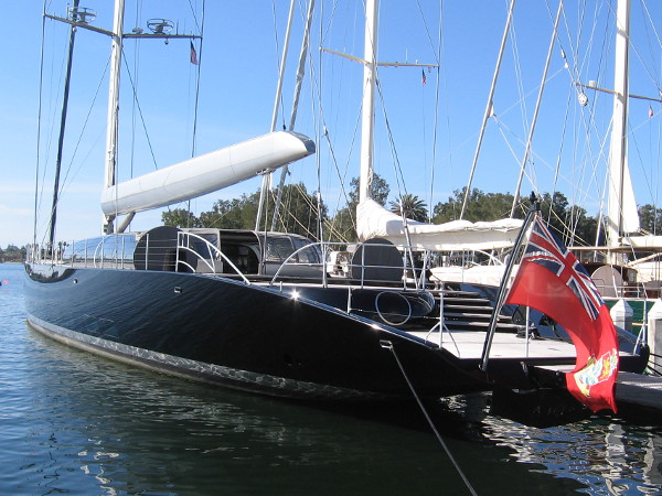 The futuristic black superyacht Ahimsa has been docked in San Diego for many months. According to one website it's worth 80 million dollars. Passersby have referred to it as the Bat-boat!