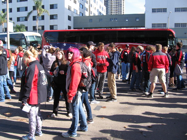 Very strange--Wisconsin's Pulaski Red Raiders High School marching band in San Diego today! Why? A little searching indicated that they will will perform tomorrow morning in the Tournament of Roses Parade!