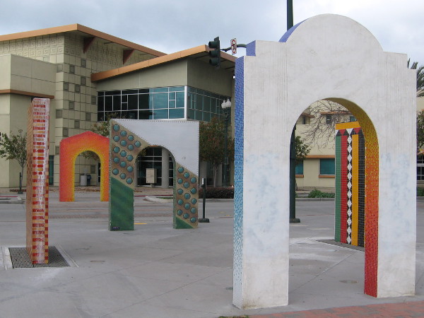 These arches in National City’s Morgan Square Plaza delight the eye with their colorful tiles and designs