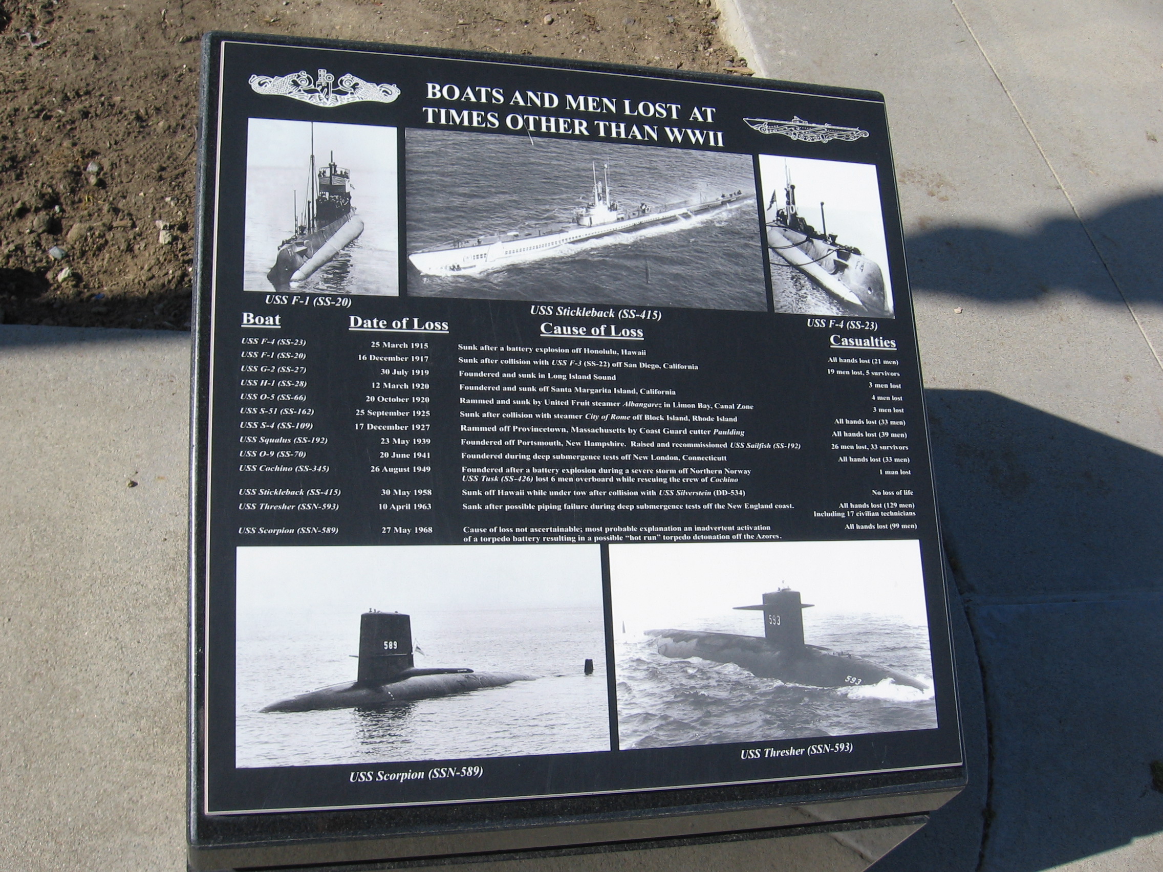 A new plaque respectfully recounts those Boats and Men Lost at Times Other Than WWII. A faded, identical plaque has been replaced in this photo, which I took at a later time.